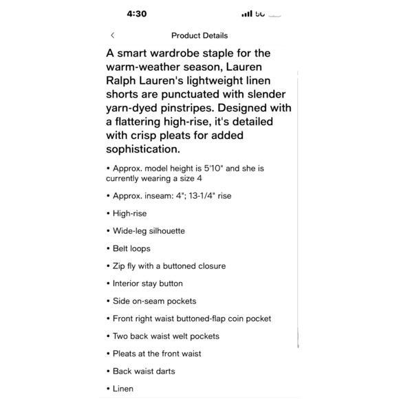 NWT Lauren Ralph Lauren Pinstriped Pleated Linen Shorts Black/White 14 MSRP $125 - Picture 5 of 5